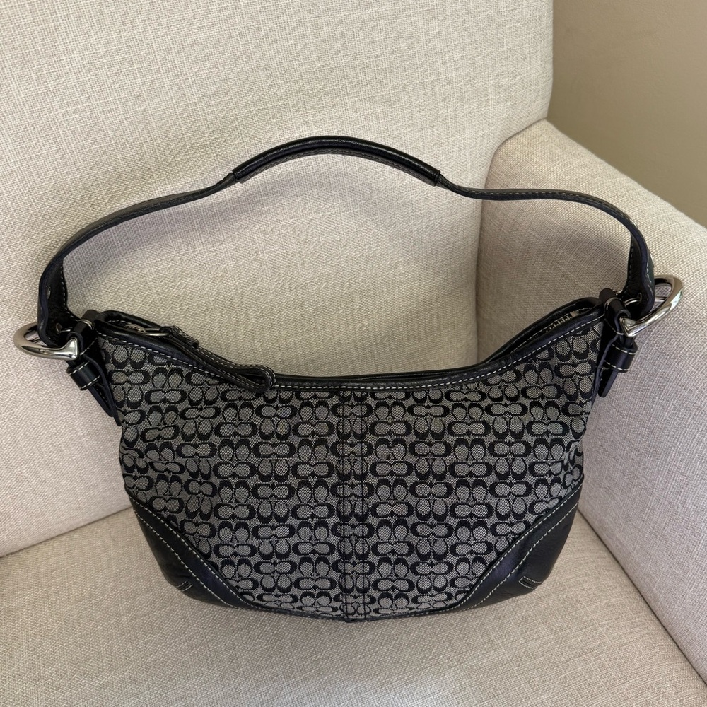Vintage COACH 6351 Black Shoulder Hobo Bag Signature Canvas Leather - Picture 2 of 7